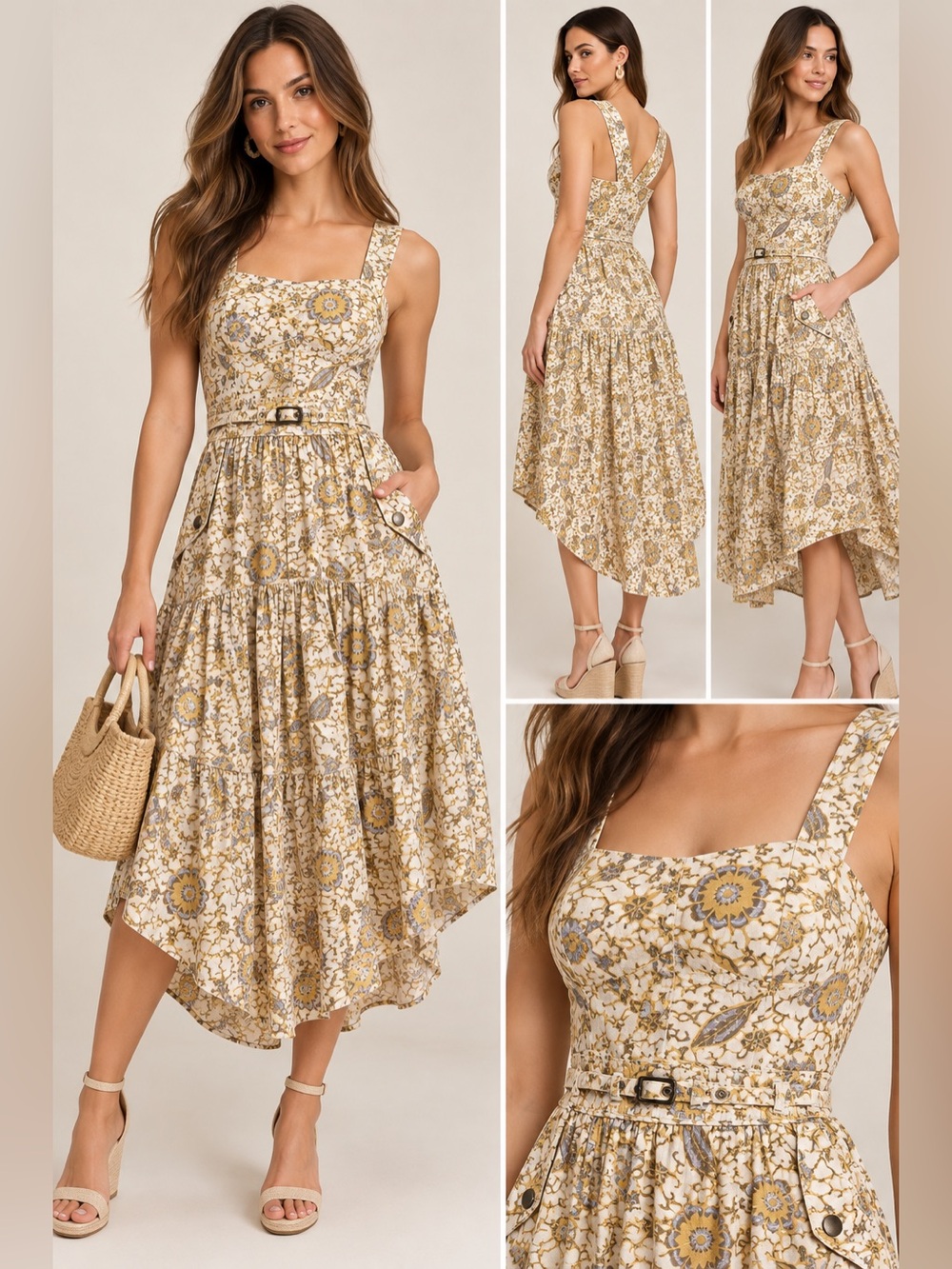 ULLA JOHNSON Enzo Dress Cotton Floral Midi Sweetheart Tiered Tank Sundress 💛